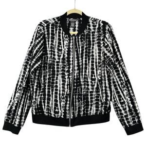 Chelsea and Theodore Black White Tie Dye Zip-Front Pattern Baseball Jacket Large